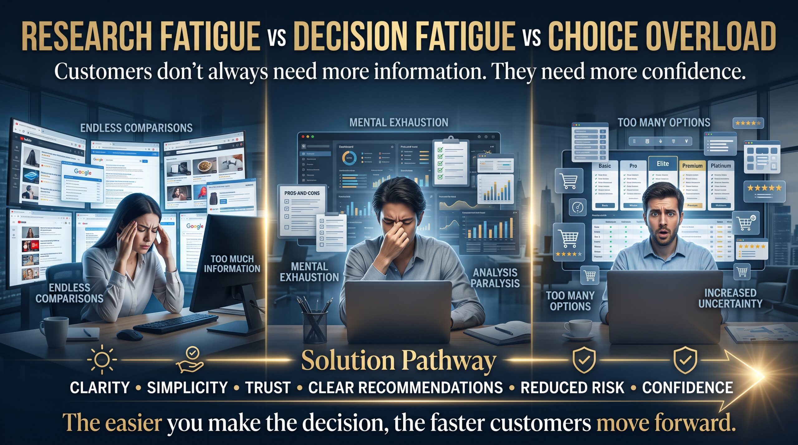 BLOG IMAGE PROMPT
Create a premium, high-converting blog banner for the article:
"Research Fatigue vs Decision Fatigue vs Choice Overload"
Scene:
A powerful customer psychology and consumer behavior visual showing a modern buyer navigating three different mental barriers that prevent purchasing decisions.
The image should present a sophisticated side-by-side comparison of Research Fatigue, Decision Fatigue, and Choice Overload, illustrating how each stage affects customer behavior differently.
On the left side, the customer is trapped in endless research. Multiple browser tabs, product reviews, websites, comparison charts, YouTube videos, expert opinions, and search results surround them. The customer keeps gathering information but struggles to move forward.
In the center, the customer experiences Decision Fatigue. After evaluating countless options, the mental effort of choosing becomes overwhelming. Dashboards, notes, pros-and-cons lists, and competing alternatives create cognitive overload.
On the right side, the customer faces Choice Overload. Hundreds of similar providers, plans, products, and offers compete for attention. Instead of helping, excessive choice increases uncertainty and delays action.
The image should communicate a critical business reality: customers rarely abandon purchases because they lack information. They often abandon purchases because they have too much information, too many decisions, and too many choices.
Visual Elements:
• Dramatic three-panel comparison layout
• Modern customer researching products and services online
• Desktop, tablet, and smartphone displaying multiple digital experiences
• Browser tabs, comparison tables, reviews, ratings, and search results
• Information overload visualized through data streams and content layers
• Business websites and competing providers displayed side by side
• Customer journey moving from research to evaluation to buying decision
• Trust signals, testimonials, reviews, guarantees, and case studies
• Modern digital marketing and customer experience environment
• Visual pathway showing confusion transforming into confidence
• Bright trust-focused purchase pathway cutting through complexity
• Executive dashboards tracking customer engagement and conversion behaviour
• Modern city skyline symbolizing digital commerce and business growth
Three Concepts Displayed as Premium Visual Sections:
Research Fatigue:
• Endless Comparisons
• Too Much Information
• Constant Research
• More Questions Than Answers
Decision Fatigue:
• Mental Exhaustion
• Too Many Factors to Consider
• Delayed Decisions
• Analysis Paralysis
Choice Overload:
• Too Many Options
• Similar Alternatives
• Increased Uncertainty
• Purchase Delays
Solution Signals Displayed as Premium Icons:
1. Clarity
2. Simplicity
3. Trust
4. Social Proof
5. Clear Recommendations
6. Reduced Risk
7. Confidence
Text on Image:
Main Heading:
"Research Fatigue vs Decision Fatigue vs Choice Overload"
Supporting Text:
"Customers don't always need more information. They need more confidence."
Bottom Caption:
"The easier you make the decision, the faster customers move forward."
Style:
Premium Forbes-style and Harvard Business Review-inspired cover design, executive marketing and customer psychology branding, photorealistic, cinematic lighting, blue and gold corporate color palette, modern conversion optimization aesthetic, clean composition, powerful visual storytelling, decision-making and customer trust theme.
Aspect Ratio:
16:9 Landscape
Quality:
Ultra-realistic, high-end customer psychology and conversion optimization blog hero image, award-winning corporate design, premium business magazine quality, sharp focus, highly engaging, conversion-focused, professional and trustworthy, no clutter.
